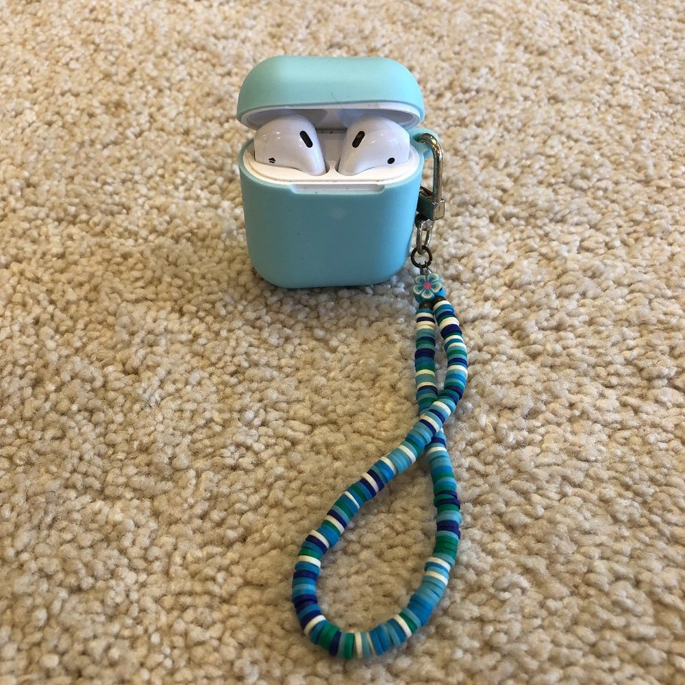 Blue Silicone AirPod Case with Beaded Wristlet - Picture 1 of 9